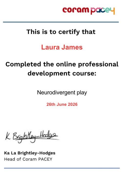 Neurodivergent Play certificate awarded to Laura James