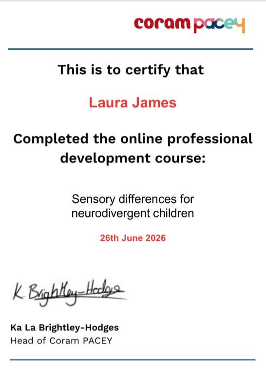 Sensory Differences for Neurodivergent Children certificate awarded to Laura James